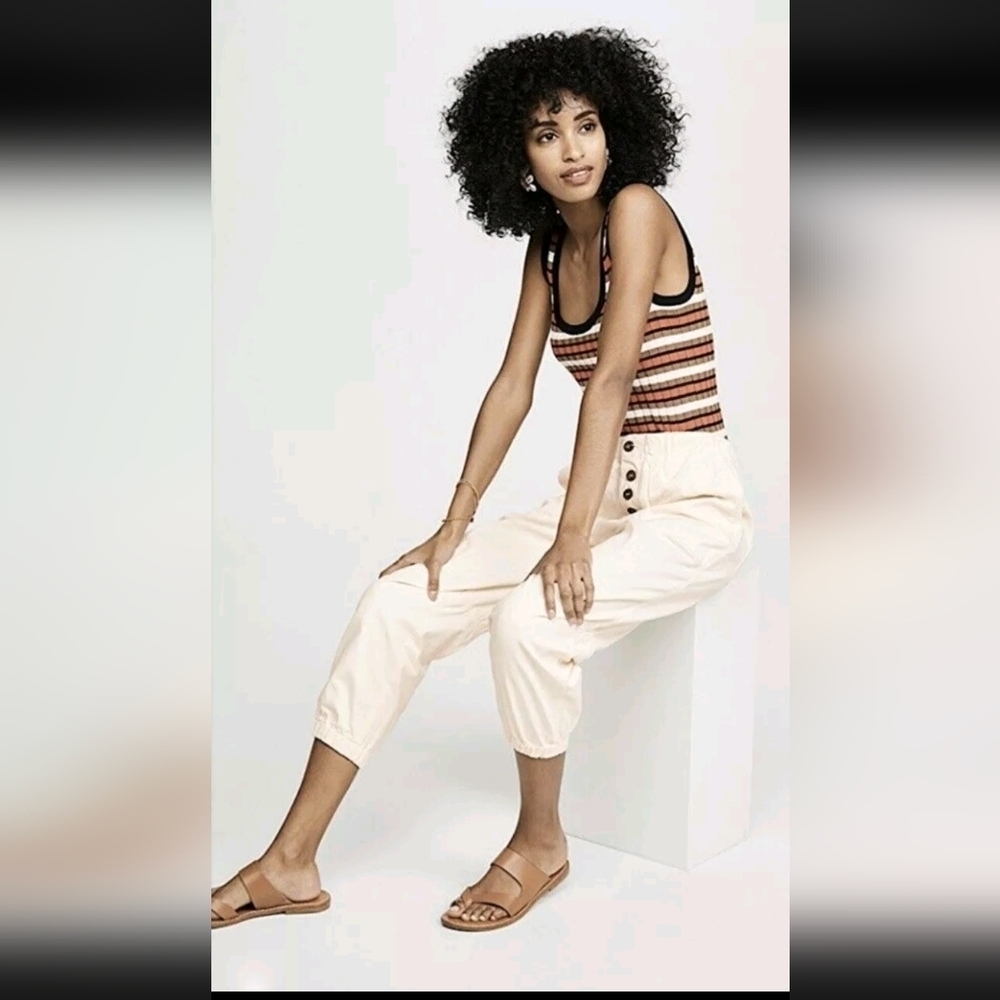 Free People Cream High-Waist Capris with Button Detail